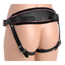 Load image into Gallery viewer, Low Rise Leather Strap On Dildo Harness with Pink Accents

